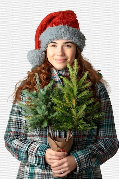 PSD woman wearing santa hat with christmas tree in hand