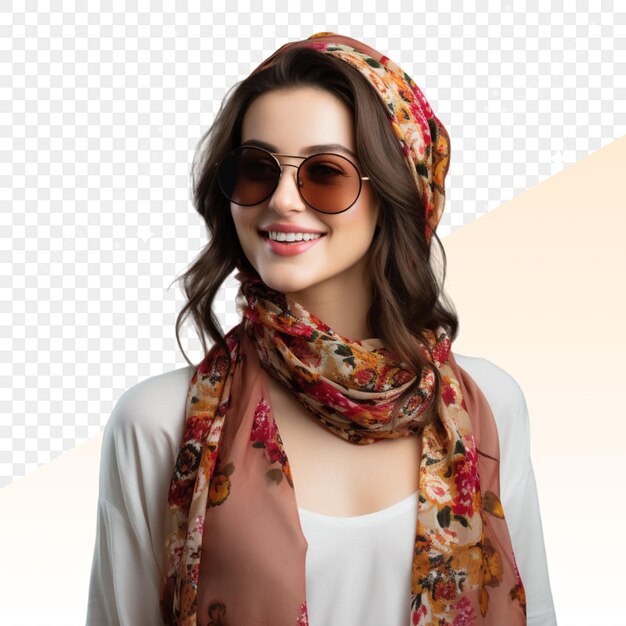 PSD a woman wearing a scarf with a flower pattern on it