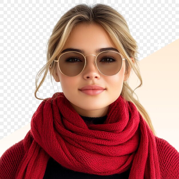 PSD a woman wearing a scarf with a pair of gold framed sunglasses