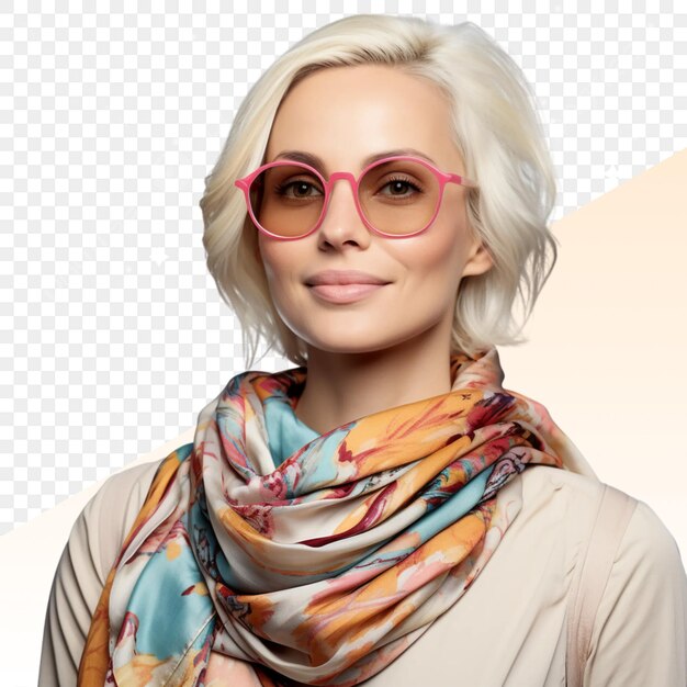 PSD a woman wearing a scarf with a pattern of colors on it