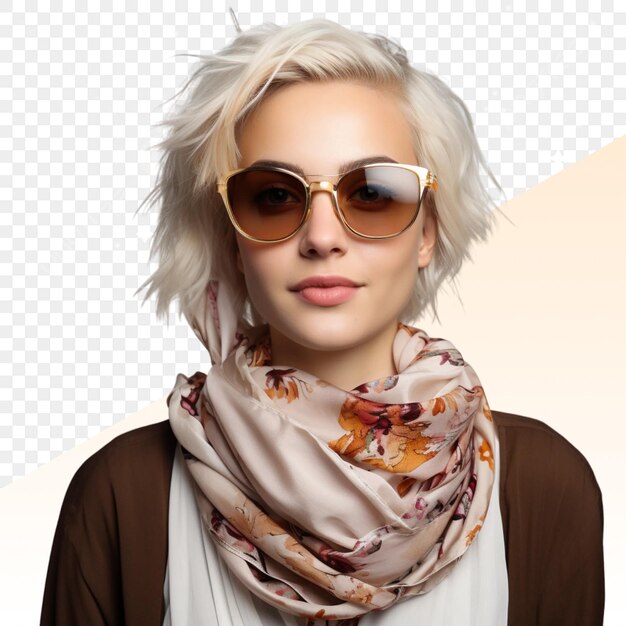 PSD a woman wearing a scarf with a picture of a blonde woman wearing sunglasses