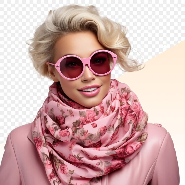 PSD a woman wearing a scarf with a picture of a woman wearing pink sunglasses