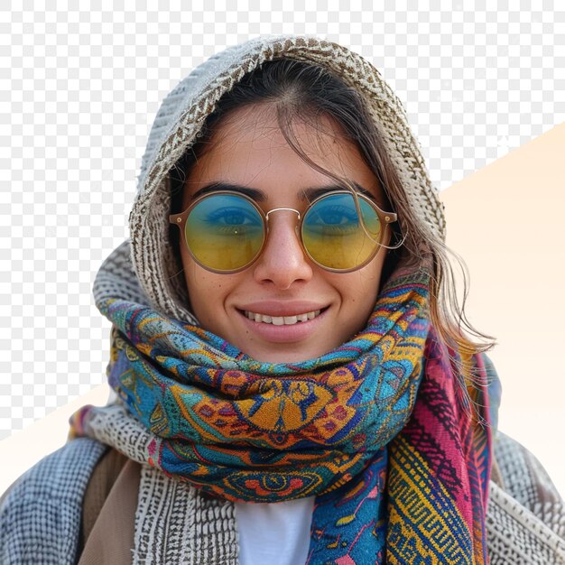 PSD a woman wearing a scarf with the word x on it