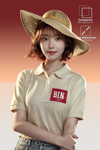 a woman wearing a straw hat with the word bin on it