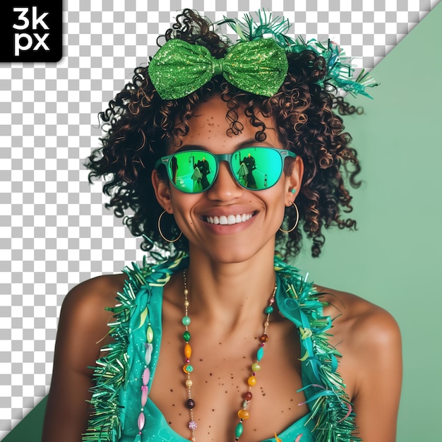 PSD a woman wearing sunglasses and a green top with a green bow on it