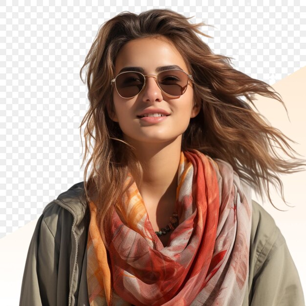 PSD a woman wearing sunglasses and a scarf with a picture of a girl