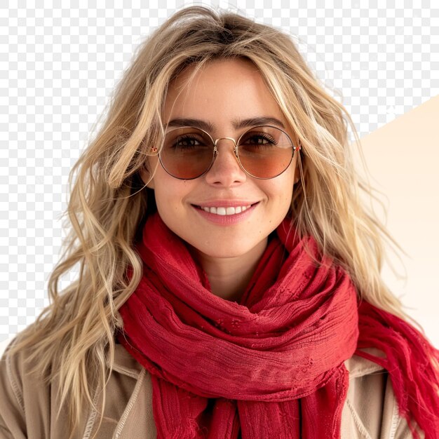 PSD a woman wearing sunglasses and a scarf with a picture of a woman wearing a red scarf