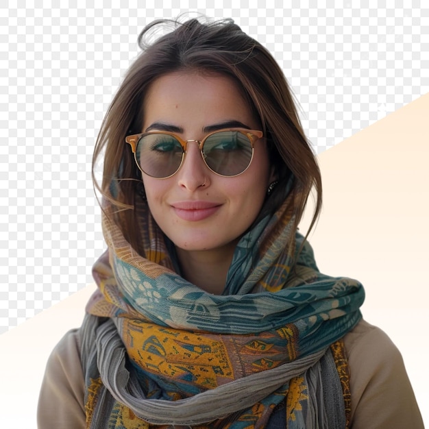 PSD a woman wearing sunglasses and a scarf with the word quot t quot on it