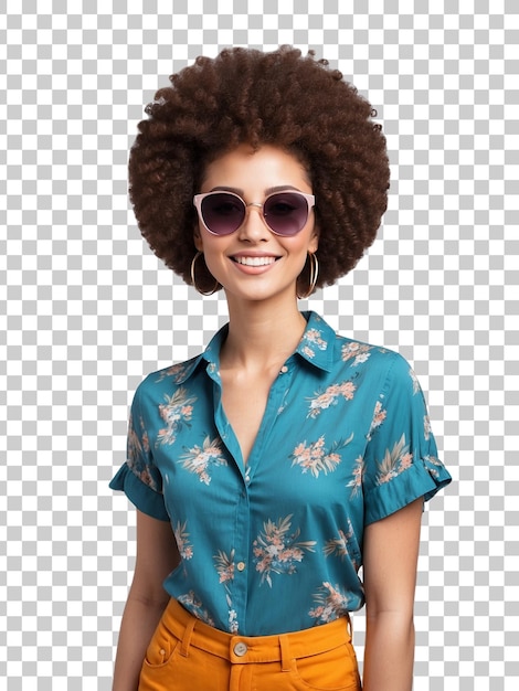 PSD a woman wearing sunglasses and a shirt with a green and white print on it