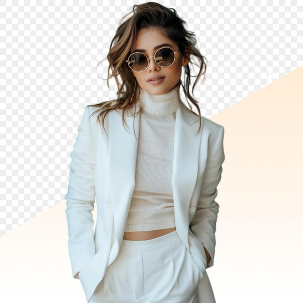 PSD a woman wearing sunglasses and a white sweater stands in front of a transparent background