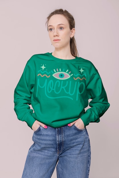 Woman wearing sweatshirts mockup