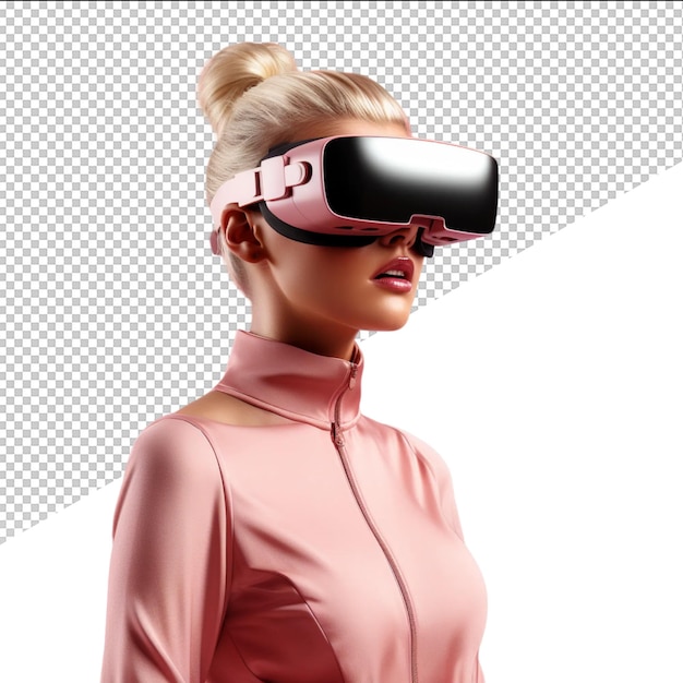 a woman wearing a virtual reality headset is wearing a pink shirt