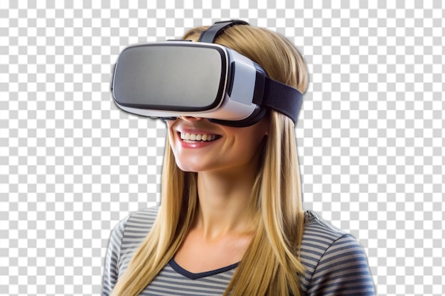 PSD a woman wearing a virtual reality headset with a smile on her face