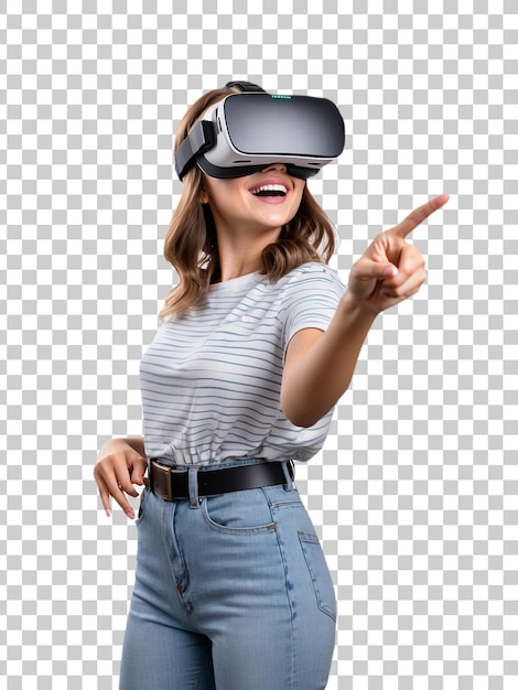 a woman wearing a virtual reality headset with a smile isolated on a transparent background