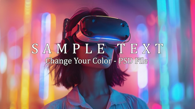 PSD woman wearing vr headset in a neon cityscape