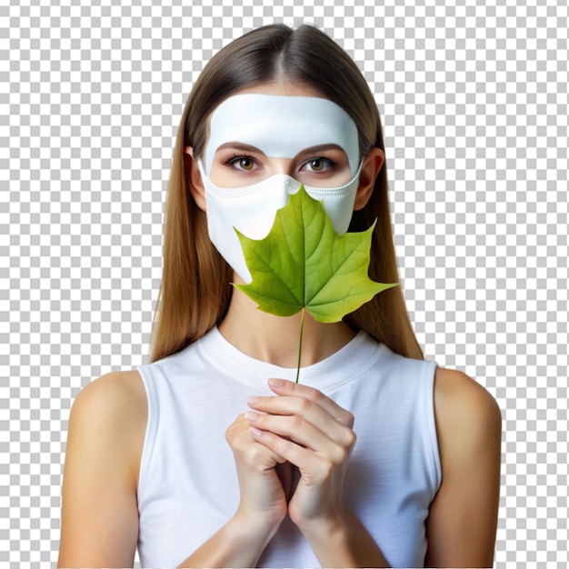 PSD a woman wearing a white mask and holding a leaf on transparent background