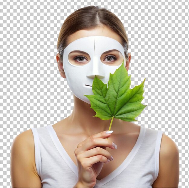 PSD a woman wearing a white mask and holding a leaf on transparent background