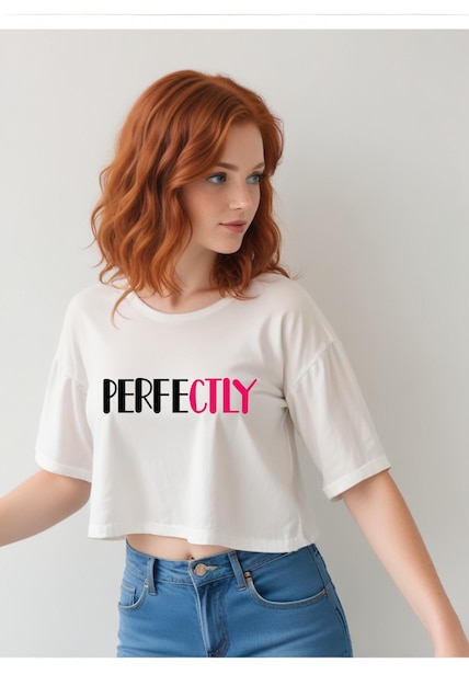 PSD a woman wearing a white shirt with the word perfect on it