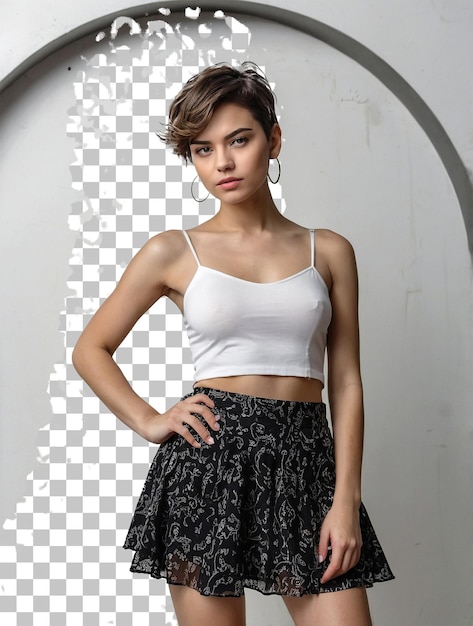 PSD a woman wearing a white top with a black skirt and a white top