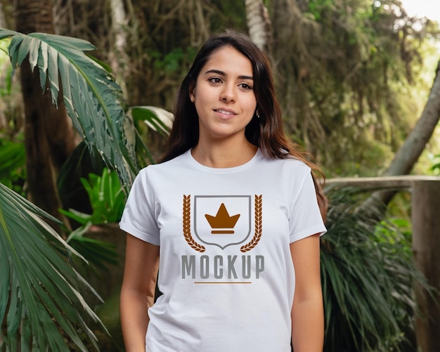 woman wearing a white tshirt tshirt mockup design