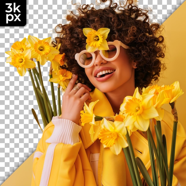 PSD a woman wearing a yellow jacket with a bunch of daffodils in the background