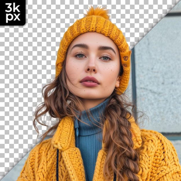 PSD a woman wearing a yellow knitted hat and scarf stands in front of a window