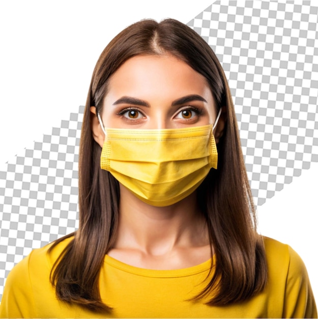 A woman wearing a yellow mask with a face mask on it