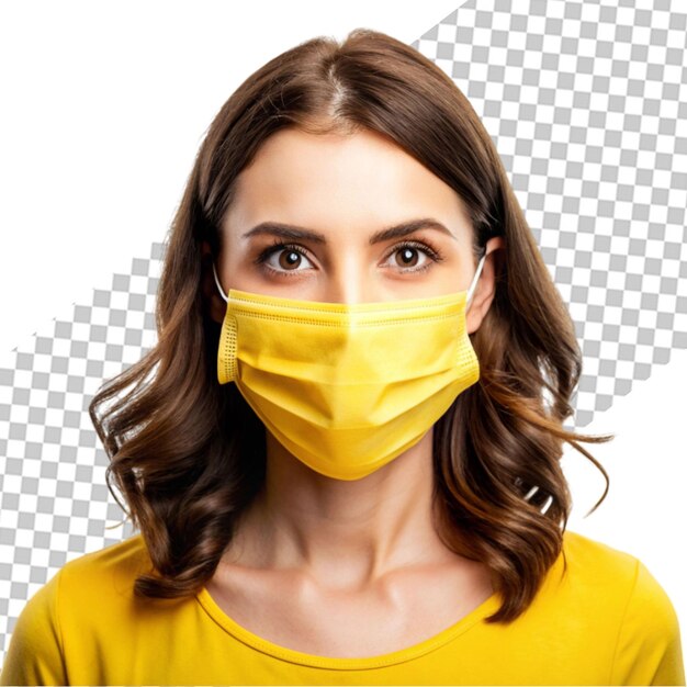 A woman wearing a yellow mask with a face mask on it