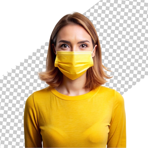 A woman wearing a yellow mask with a face mask on it