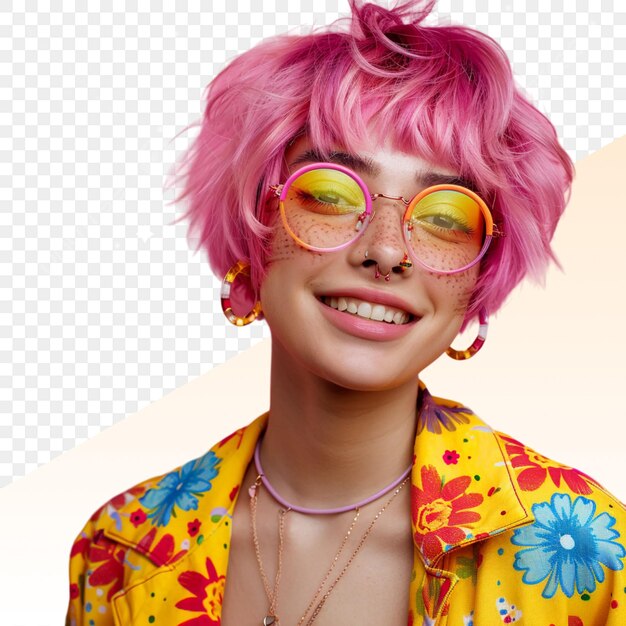 PSD a woman wearing a yellow and pink outfit with a colorful shirt ello