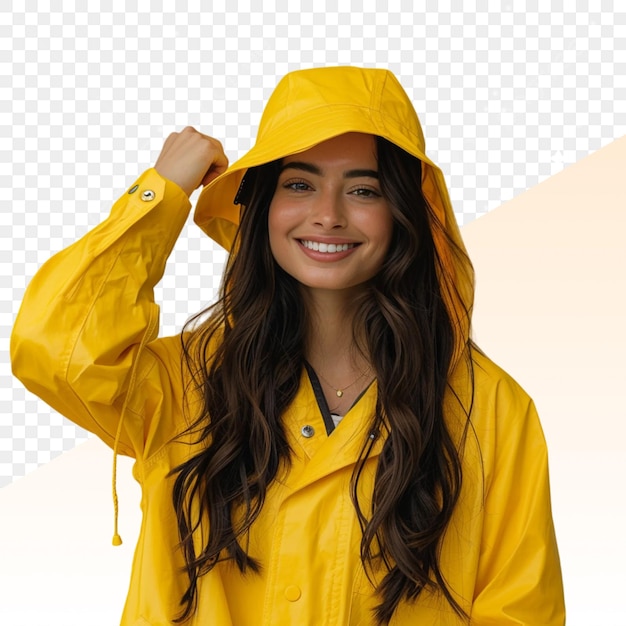 PSD a woman wearing a yellow raincoat with the word quot on it