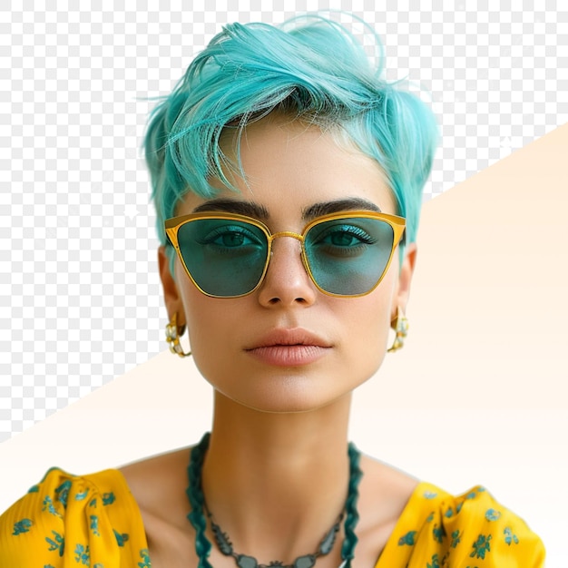 PSD a woman wearing a yellow shirt with a green necklace and sunglasses