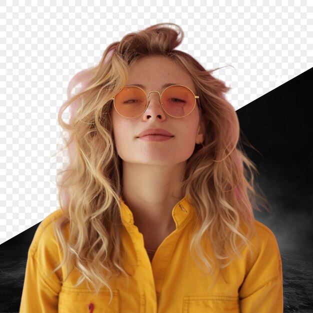 PSD a woman wearing a yellow shirt with sunglasses on and a black background