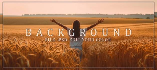 PSD woman in a wheat field at sunset