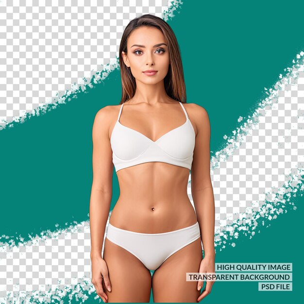 a woman in a white bikini with a green background with a design in the middle