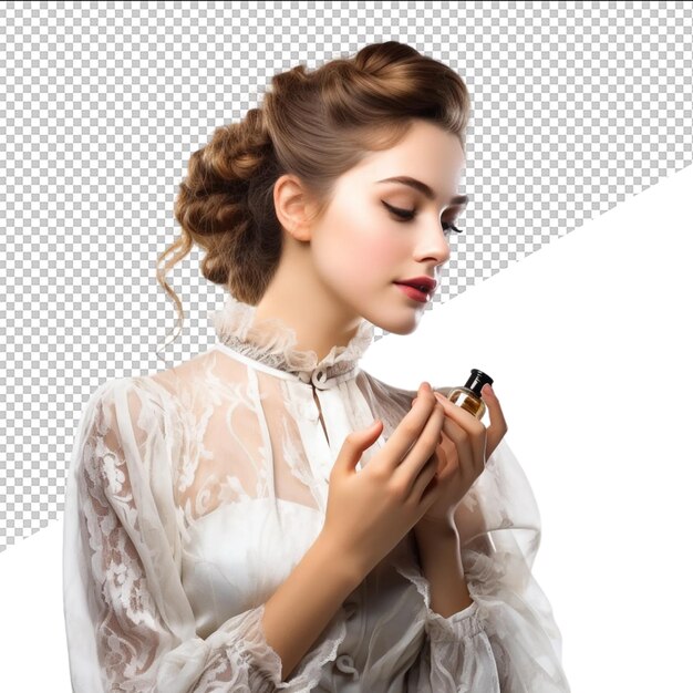 PSD a woman in a white dress is holding a perfume bottle