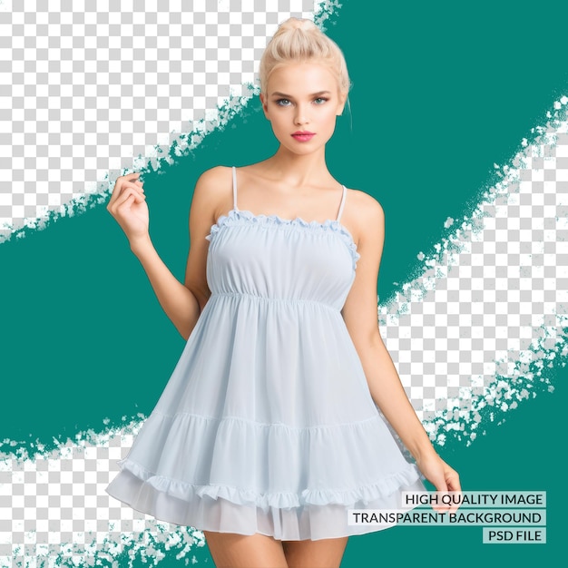 PSD a woman in a white dress with a blue background with a picture of a blonde woman