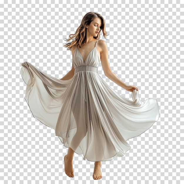 a woman in a white dress with a long skirt