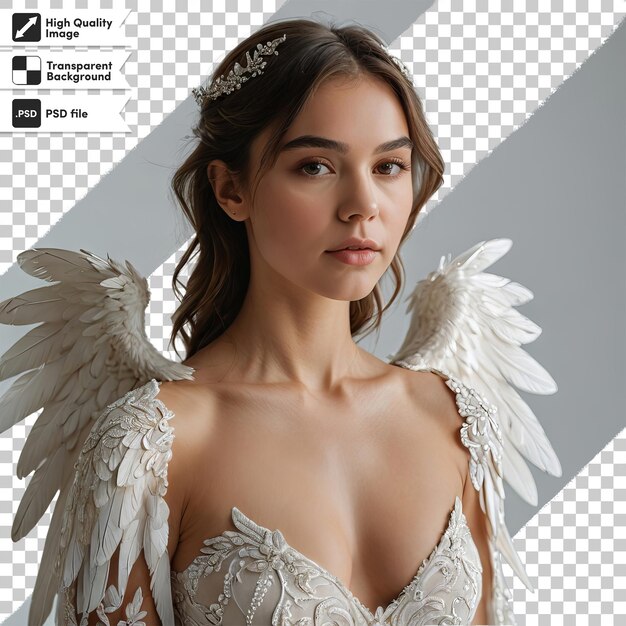 PSD a woman in a white dress with wings on the front