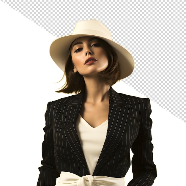 a woman in a white hat and a bow on her neck stands in front of a white background