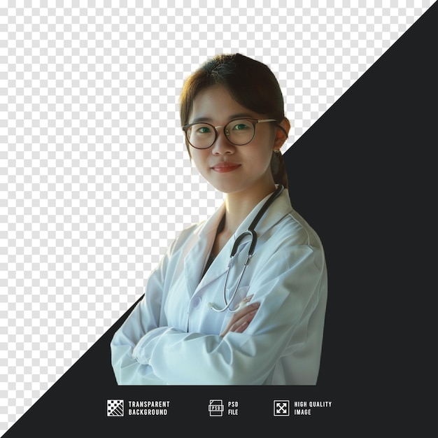 PSD a woman in a white lab coat is standing in front of a black background