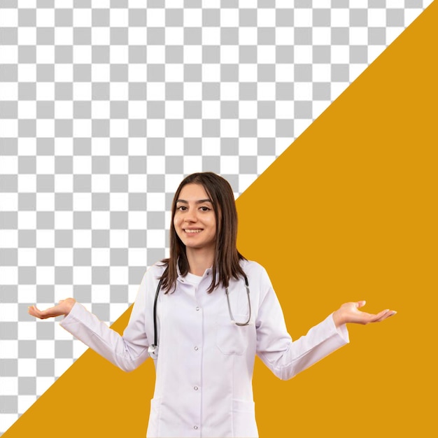 PSD a woman in a white lab coat stands in front of a transparent background