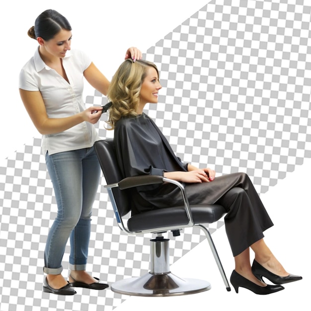 A woman in a white robe is sitting in a salon chair