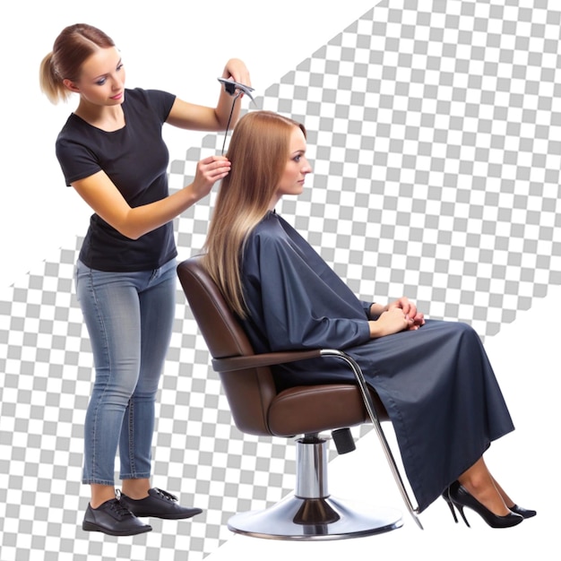 A woman in a white robe is sitting in a salon chair