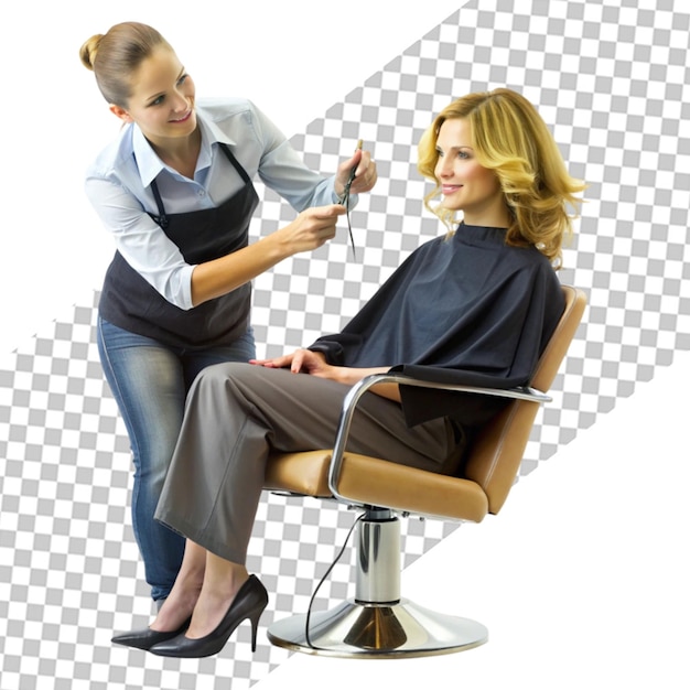 PSD a woman in a white robe is sitting in a salon chair