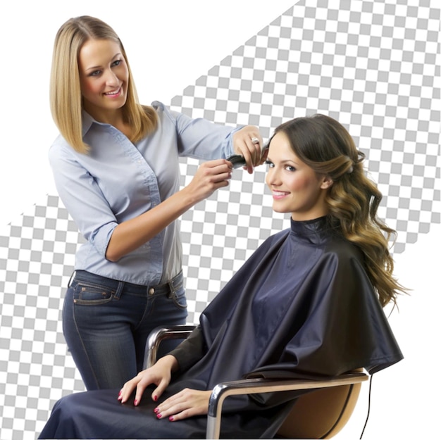 PSD a woman in a white robe is sitting in a salon chair