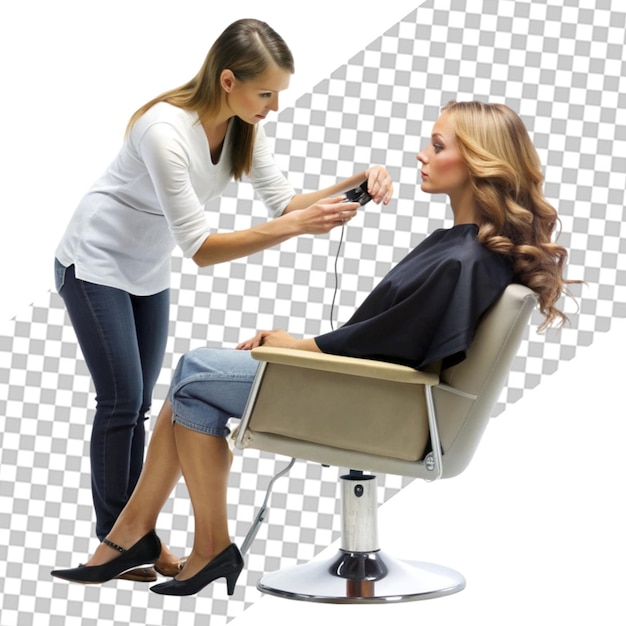 A woman in a white robe is sitting in a salon chair