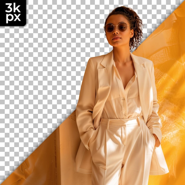 PSD a woman in a white robe stands in front of a yellow background