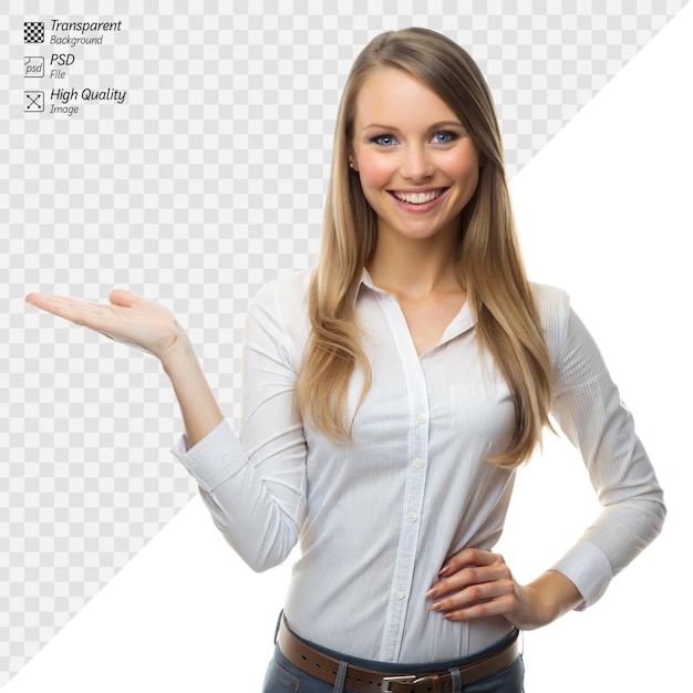 A woman in a white shirt is smiling and pointing with her hand against a plain white background