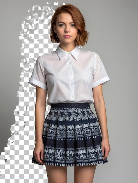 PSD a woman in a white shirt and a skirt stands in front of a white wall